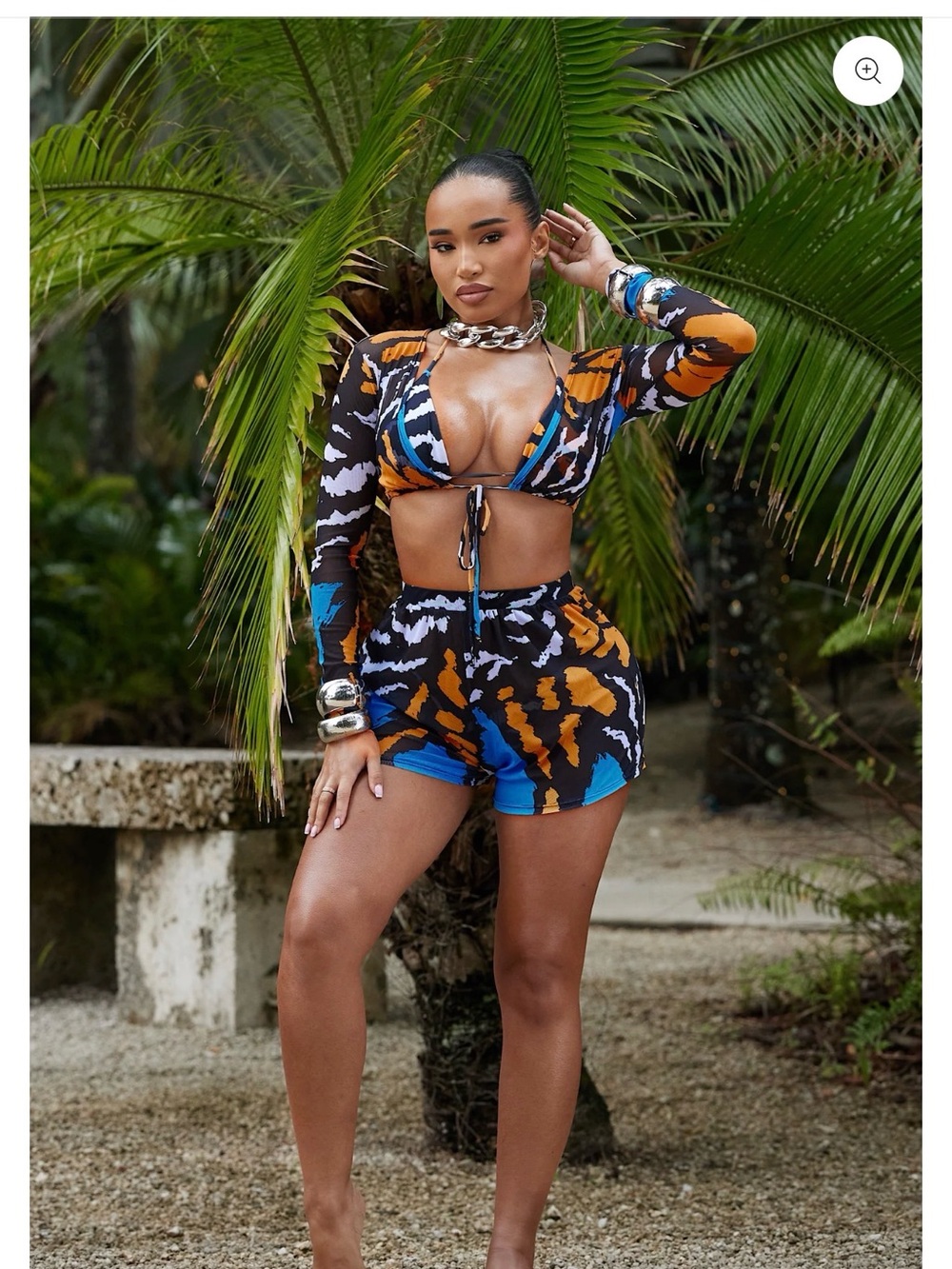 Tropical Wave Long-Sleeve Swim Coverup Set ( bikini not included) - Blue/Orange
